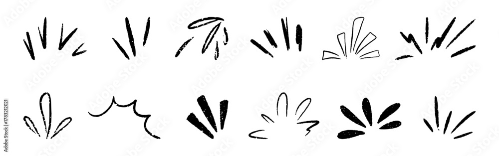 Obraz premium Comic twinkle line with manga effect doodles. Twinkle element with surprise burst and sparkle ray. Hand drawn sunburst, shine and chalk highlight for attention exclamation mark. Vector illustration