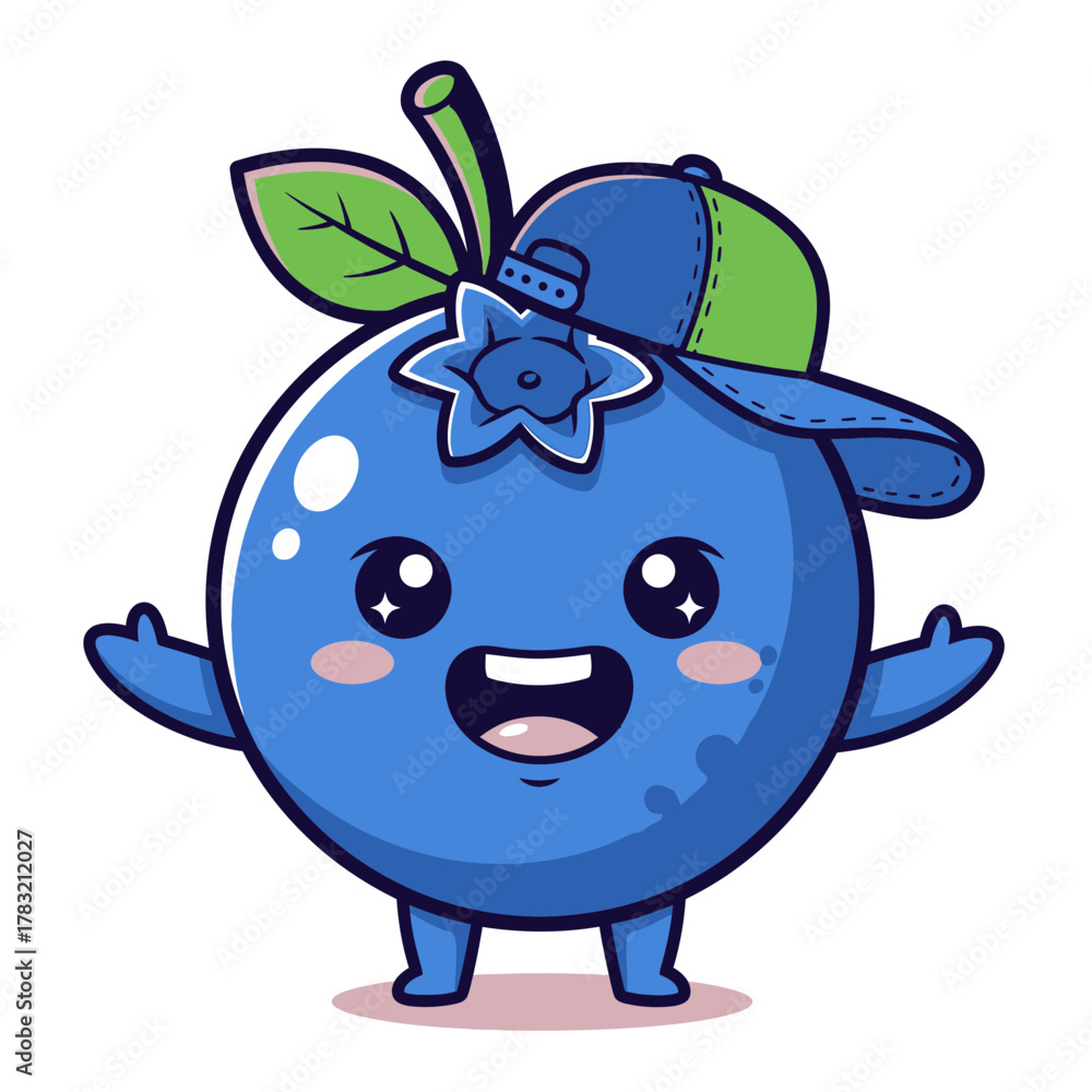 Obraz premium Cute Blueberry Character Icon — Kawaii Fruit Mascot Cartoon Vector