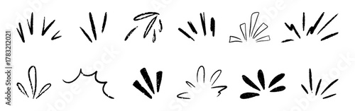 Comic twinkle line with manga effect doodles. Twinkle element with surprise burst and sparkle ray. Hand drawn sunburst, shine and chalk highlight for attention exclamation mark. Vector illustration