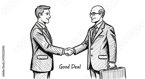 Two executive professionals in a stylized sketch finalize a strategic business agreement with a firm handshake, signifying a successful partnership and collaborative success