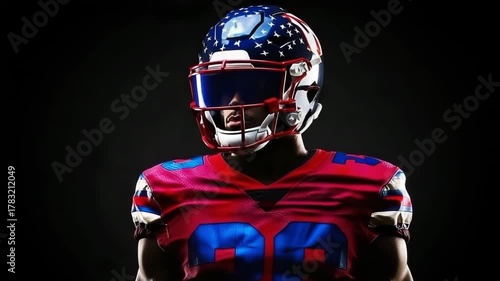 African American football player in helmet on dark studio background, symbolizing strength, competition, and championship spirit in professional sport.