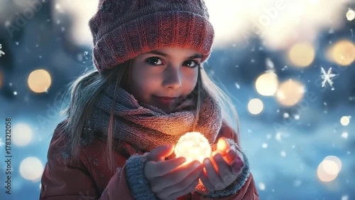 Child in winter clothes holding glowing magical sphere in snowy street. Holiday projects, fantasy themes, winter Christmas magic, or festive advertising