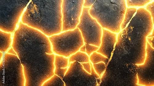  Dark surface with glowing golden cracks filled with fiery light, resembling broken stone or earth with magical dramatic effect. Abstract fantasy design animation