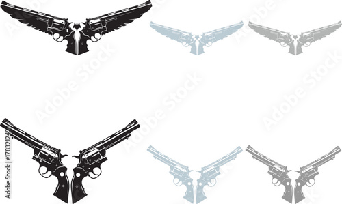 Symmetrical vintage revolver handguns crossed in a v shape on white background