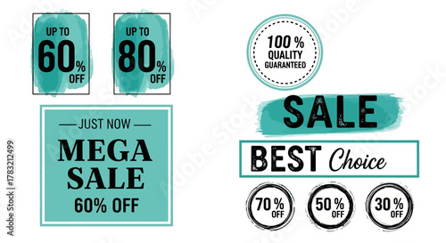 Mega Sale and Best Choice Sale Promotions with Discounts Off and Quality Badges for Retail Marketing and Advertising