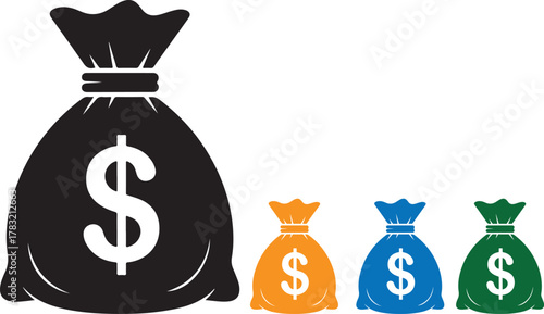 Black silhouette of a bag of money with a dollar sign symbol representing wealth and financial success on a clean white background