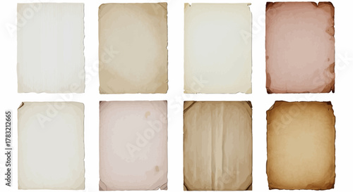 Set of aged and weathered paper textures, featuring vintage parchment, torn edges, and distressed surfaces, ideal for antique document backgrounds and rustic design projects