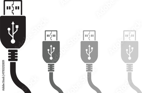 Close up of a black and color usb cable connector with the universal serial bus symbol on a clean white background