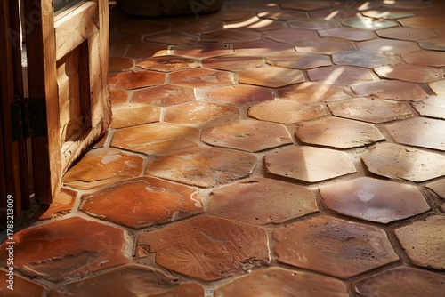 Bright Sunlit Interior Scene Featuring a Hexagonal Terracotta Tile Floor With Subtle Wear Marks, Smooth Texture Variations And Glowing Warm Shadows Across a Spacious Room stone wall background