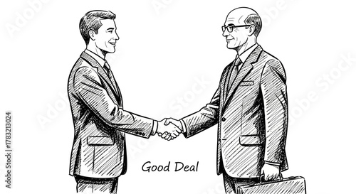 Hand-drawn sketch of two businessmen shaking hands after a successful agreement, a vector graphic illustration of a partnership deal