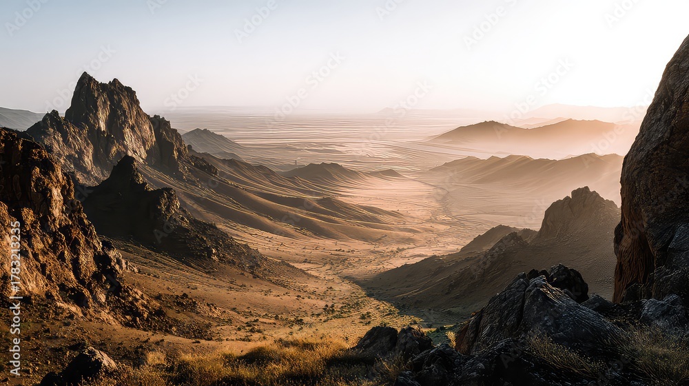 Fototapeta premium Majestic Mountain Landscape at Sunrise with Golden Light and Vast Valleys in Background