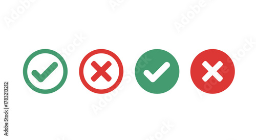 Collection of Green Check Marks and Red Crosses in Circles for Approval and Rejection