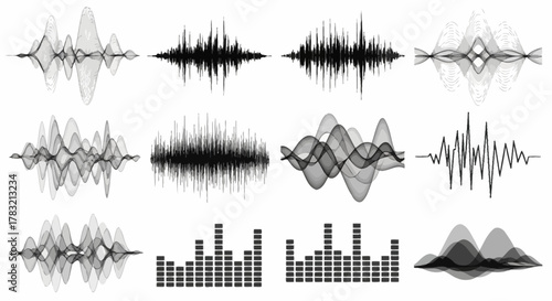 Collection of stylized sound wave visualizations and audio spectrum analysis graphs