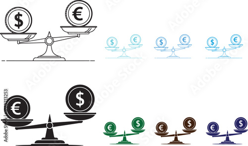 Euro and dollar coins on balance scale illustrating currency exchange rate comparison
