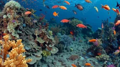 A vibrant coral reef full of anemones and clownfish captured through underwater photography. underwater paradise background coral reef wildlife nature collage with shark manta ray sea turtle colorful