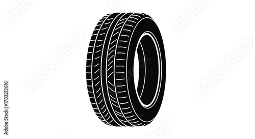 Black car tire with detailed tread pattern isolated on white background, vector illustration