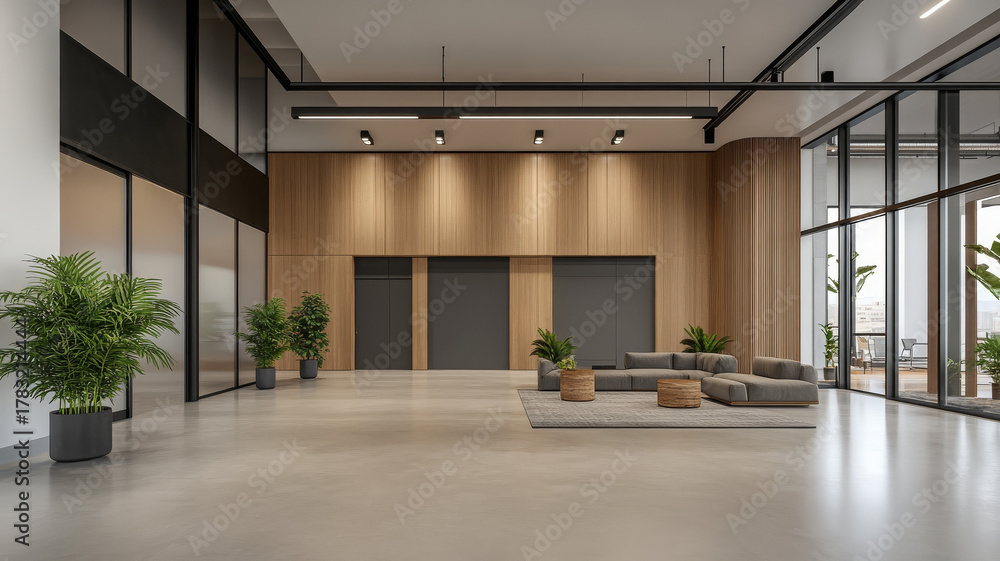 Obraz premium Modern open warehouse lobby with wood panel wall, glass partition, gray sofa, and green plants