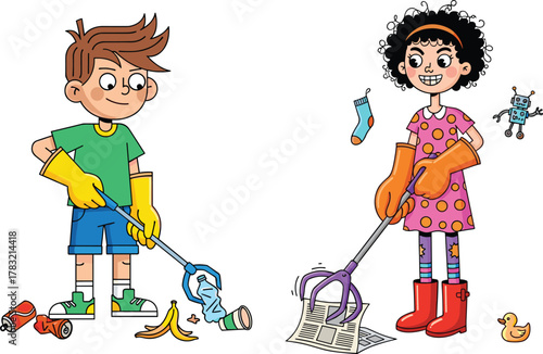 Cartoon kids cleaning, litter picker, environmental awareness, trash removal, teamwork, recycling, outdoor cleanup, eco-friendly action, children helping, waste collection