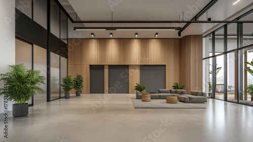 Modern open warehouse lobby with wood panel wall, glass partition, gray sofa, and green plants