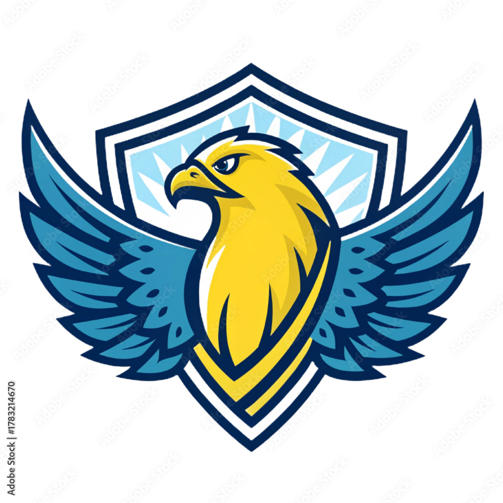 Obraz premium Thunder Roc Mascot Logo Vector, Flat Esport Badge Design with Solid Yellow and Blue Fills and Minimal Shapes, Transparent Background
