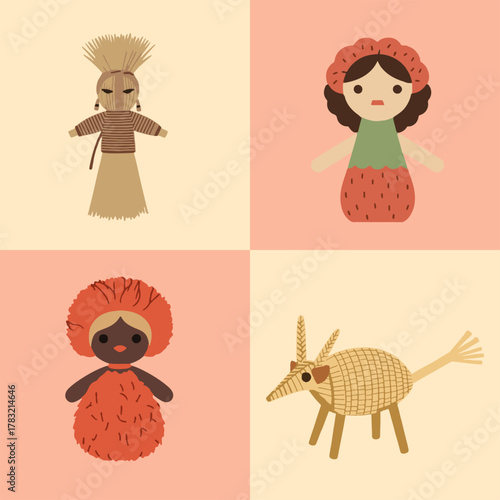 set illustration vector graphic of dolls made from plant fibers