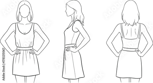 Female fashion figure line art front side and back view, woman dress model sketch outline for fashion design illustration reference.