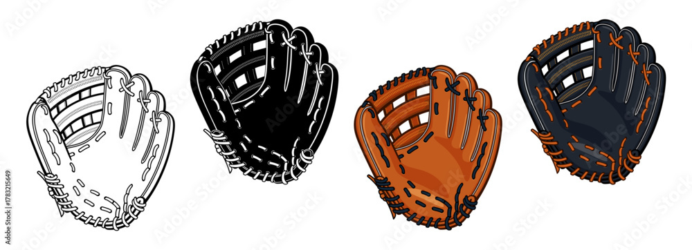 Naklejka premium simple classic various leather baseball softball glove mitt cartoon vector set on transparent background