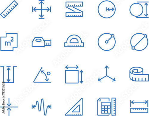 Measurement Icons Set Linear Style Measuring Equipment Tool Length Unit Square Angle Dimension Diameter Distance Precision Measure Area Volume Sign Symbol Ruler Meter Gauge Isolated