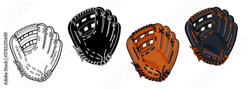 simple classic various leather baseball softball glove mitt cartoon vector set on transparent background