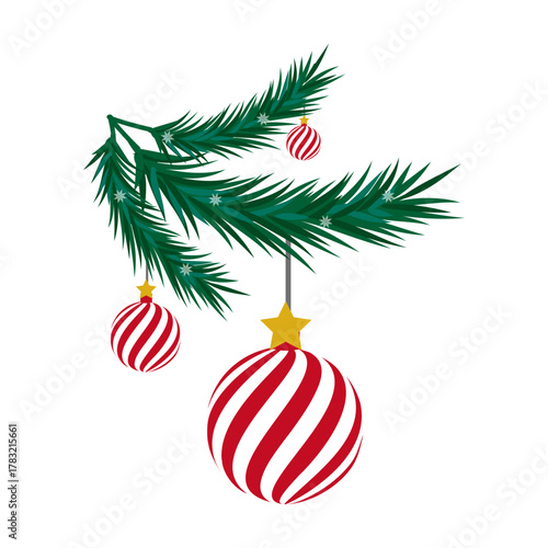 Christmas Tree Branch with Red and White Striped Ornaments