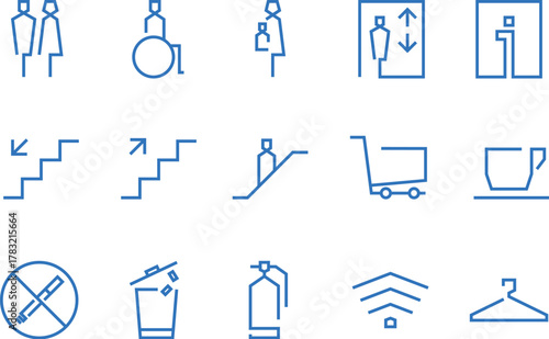 Public Navigation Signage Icons Set Linear Style Airport Train Station Bus Stop Hotel Mall Hospital Restroom Elevator Stairs Shopping Cart Coffee Shop Information Direction Symbol Isolated