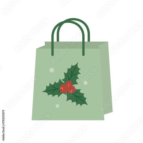 Seasonal Green Gift Shopping Bag with Holly Berries