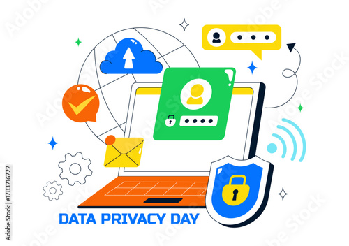 Data Privacy Vector Illustration Featuring Cybersecurity with a Lock on Screen, Secure Information, Confidential Documents and Digital Data Protection