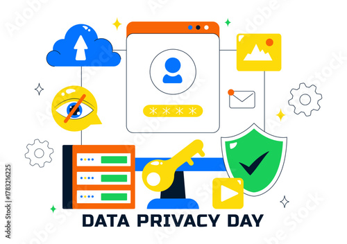 Data Privacy Vector Illustration Featuring Cybersecurity with a Lock on Screen, Secure Information, Confidential Documents and Digital Data Protection