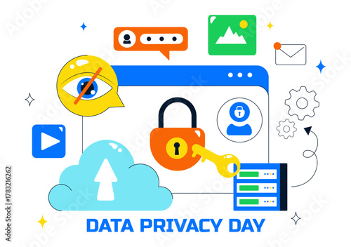 Data Privacy Vector Illustration Featuring Cybersecurity with a Lock on Screen, Secure Information, Confidential Documents and Digital Data Protection