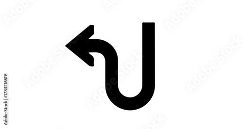A simple, bold black arrow forming a U-turn on a white background, symbolizing direction change or reversal