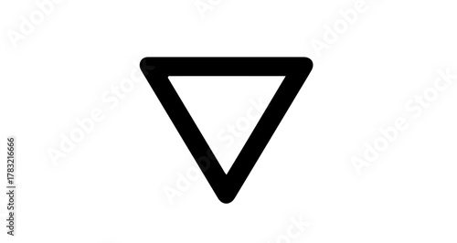 Simple black outlined downward-pointing triangle icon, a fundamental geometric shape representing decrease, direction, or a drop, useful for graphic design and user interfaces
