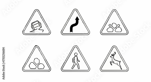 Set of Road Signs Warning Symbols for Accidents, Curves, Groups, Rocks, Pedestrians, and Deer