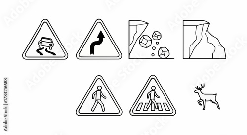 Collection of outlined road safety warning signs and symbols for driver awareness, featuring slippery road, winding curves, falling rocks, pedestrian crossings, and deer