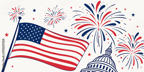 Bright fireworks and waving American flag celebration background, smooth elegant 3D vector patriotic design with stars and glowing light.