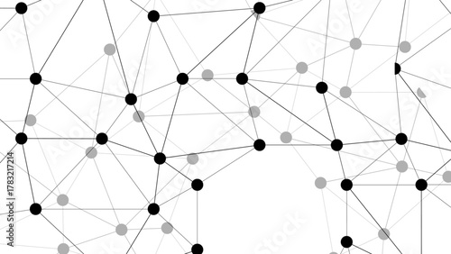 Abstract minimalistic black and white abstract network pattern with interconnected black dots linked by thin grey lines. Digital mesh network, with varying node sizes and line angles.
