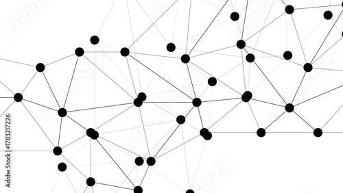Abstract minimalistic black and white abstract network pattern with interconnected black dots linked by thin grey lines. Digital mesh network, with varying node sizes and line angles.