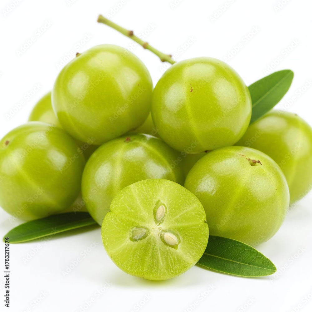 Obraz premium Cluster of Indian gooseberries (amla) with leaves and cut fruit showing seeds vector illustration for health and botanical themes