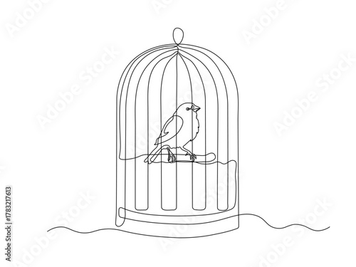 Bird, canary in cage, birdcage, continuous single one line art hand drawing sketch, logo on white background
