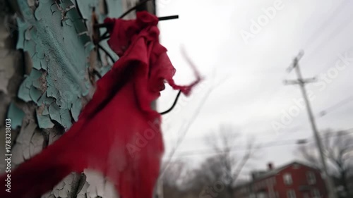 extreme close-up video of vivid scarlet tattered fabric whipping on rusted rebar, decaying building background. somber post-apocalyptic desolation atmosphere