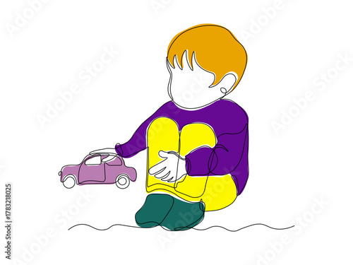 A child, a small boy without a face, sits on the floor and plays with a toy car, continuous single line art hand drawing sketch, logo on white background