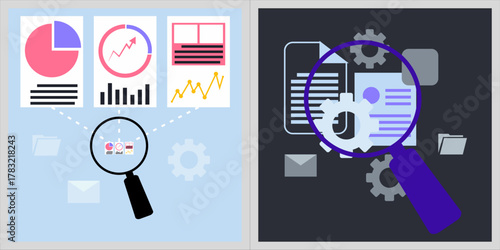Modern flat vector illustration depicting a process of data analysis or document audit. Features a magnifying glass inspecting various charts