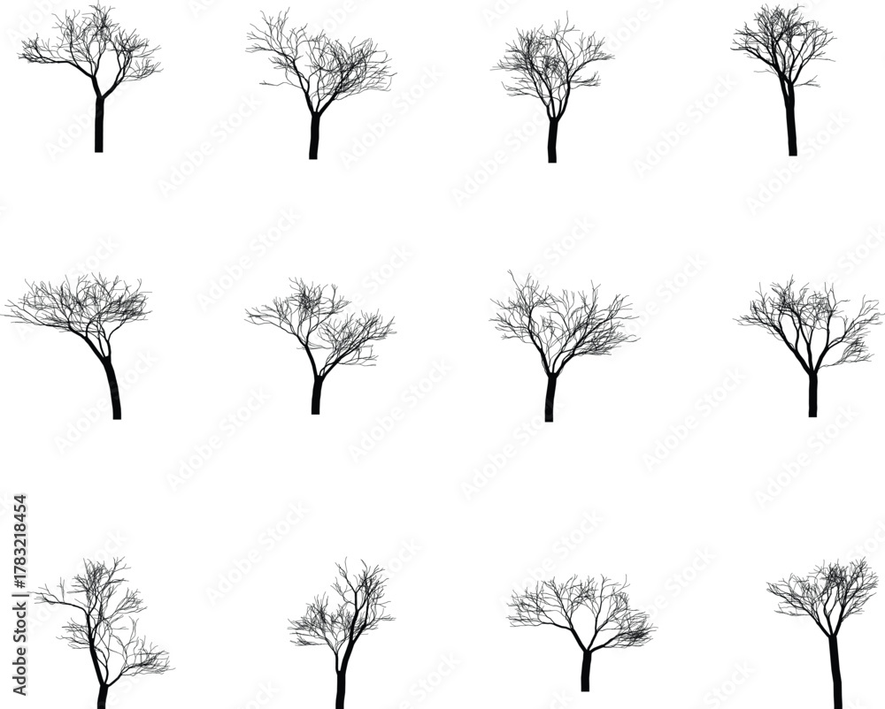 Fototapeta premium Collection of tree silhouettes in winter season minimal monochrome design vector illustration