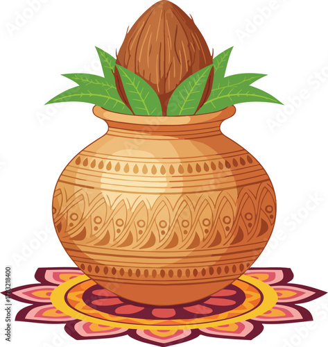 Kalash with Coconut and Leaves Rangoli Decorative Design 