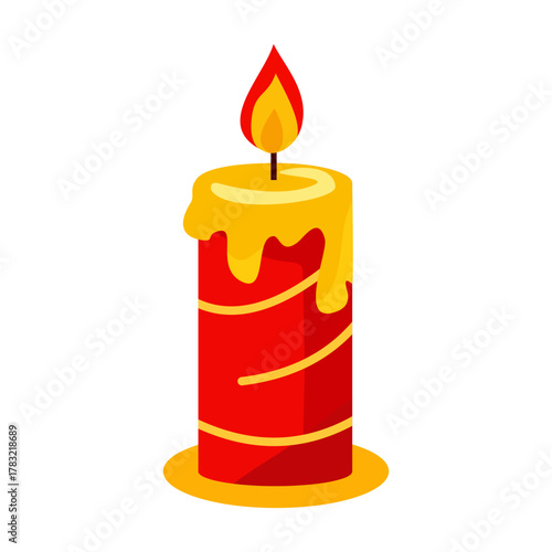 festive red candle with golden stripes and melting yellow wax